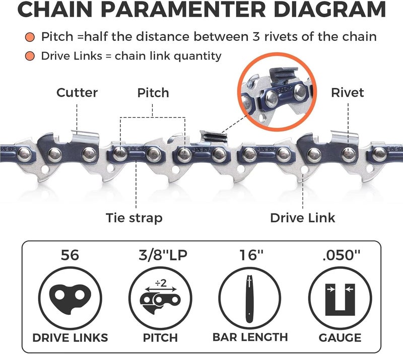 EXSHP 16 Inch Chainsaw Chain 3/8" LP Pitch .050" Gauge 56 Drive Links Fits Craftsman, Poulan, Ryobi, Echo, Greenworks and More- S56 (3 Packs) (91YNP-6) - Image 2